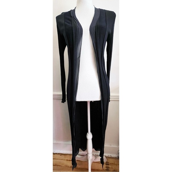 Theory • Navy Wool Silk Long Duster Cardigan Crepe De Chine - Picture 2 of 6